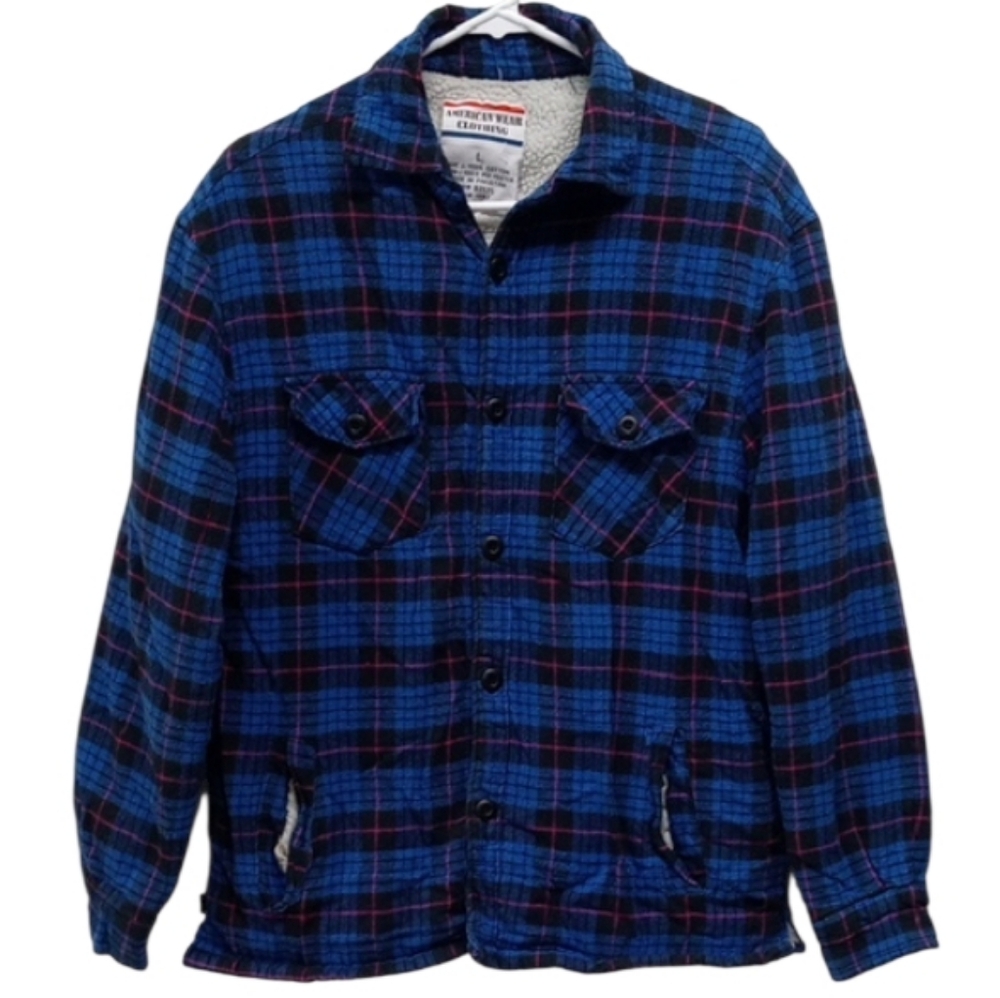 Vintage American Wear Clothing Blue Black And Pink Plaid Fleece Flanel Jacket